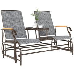 Outdoor 2-Person Glider Bench, Outside Glider Swing Chair Loveseat with Table, Steel Frame, Gray