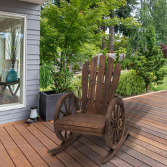 Wooden Rocking Chair, Adirondack Rocker Chair w/Slatted Design and Oversized Back, Outdoor Rocking Chair with Wagon Wheel Armrest for Porch, Poolside, and Garden, Carbonized