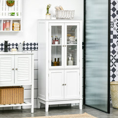 Bathroom Floor Cabinet with 2 Storage Cabinets, Tempered Glass Door, Freestanding Linen Tower with Adjustable Shelves for Living Room, White