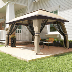 10' x 13' Patio Gazebo, Outdoor Gazebo Canopy Shelter with Netting, Vented Roof for Garden, Beige