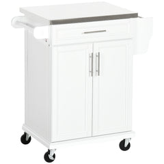 Kitchen Island on Wheels, Rolling Kitchen Cart with Stainless Steel Countertop, Drawer, Towel Rack and Spice Rack, Utility Storage Trolley, White
