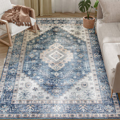 5x7 Area Rug, Vintage Washable Rug, Non-Slip Floor Carpet for Living Room, Bedroom, Dining Room, Blue