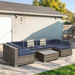 7-Piece Outdoor Wicker Patio Sofa Set, Modern Rattan Conversation Furniture Set with Cushions, and Tea Table, Blue