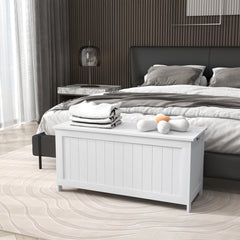 39.4" Storage Trunk w/ 2 Safety Hinges, Wooden Storage Bench w/ Side Handles, Storage Chest for Playroom, White