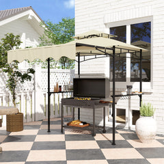 8' x 7.6' Outdoor Grill Gazebo, Barbecue Gazebo Shelter with Side Awning, 2 Side Shelves and 6 Hooks, Beige