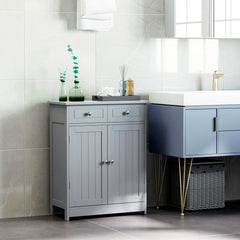 Freestanding Bathroom Floor Cabinet, Wooden Bathroom Cabinet with 2 Doors, 2 Drawers and Adjustable Shelf, Gray