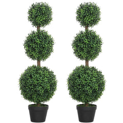 Set of 2 Artificial Ball Boxwood Topiary Trees, Fake Plants in Pot for Indoor Outdoor Living Room Green