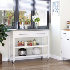 Kitchen Island with Stainless Steel Top, Traditional Kitchen Island with Storage, Butcher Block Cart 2-Tier Open Shelves, Drawers, White