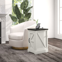 Farmhouse End Table with Storage, Side Table with Charging Station and USB Ports for Living Room, Distressed White