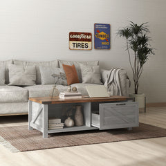 Coffee Table with Storage, Farmhouse Living Room Table with Storage Drawer and Open Shelf, Distressed Gray