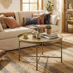 Coffee Table for Living Room, 24" Round Center Table with Hammered Tray Top and Metal Frame for Bedroom, Gold
