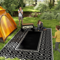Reversible Outdoor Rug, Waterproof Plastic Straw with Carry Bag, 9' x 18', Black & White Gourd Border