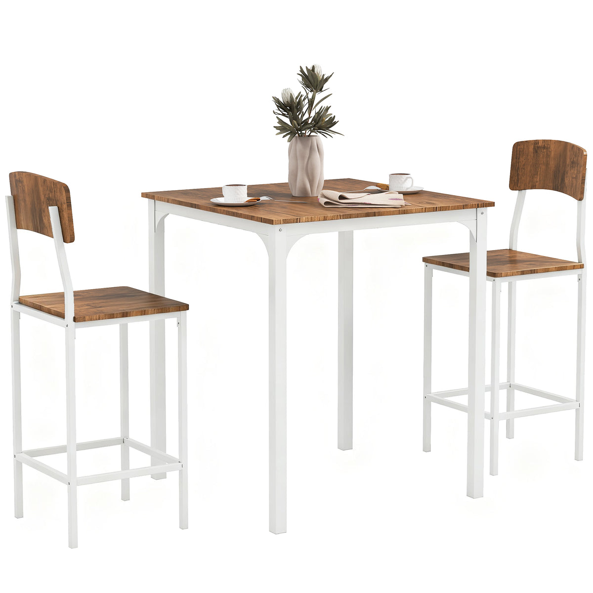 3 Piece Pub Table and Chairs, Small Kitchen Table and Chairs, Square Dining Table with 2 Stools, Walnut and White