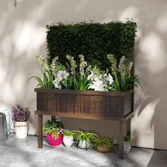 Elevated Wood Planter with Trellis for Climbing Plants, Raised Garden Bed with Legs and Drainage Holes, Carbonized