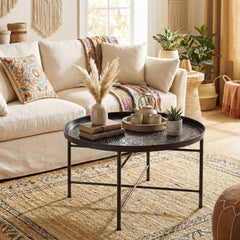 Coffee Table for Living Room, 24" Round Center Table with Hammered Tray Top and Metal Frame for Bedroom, Black