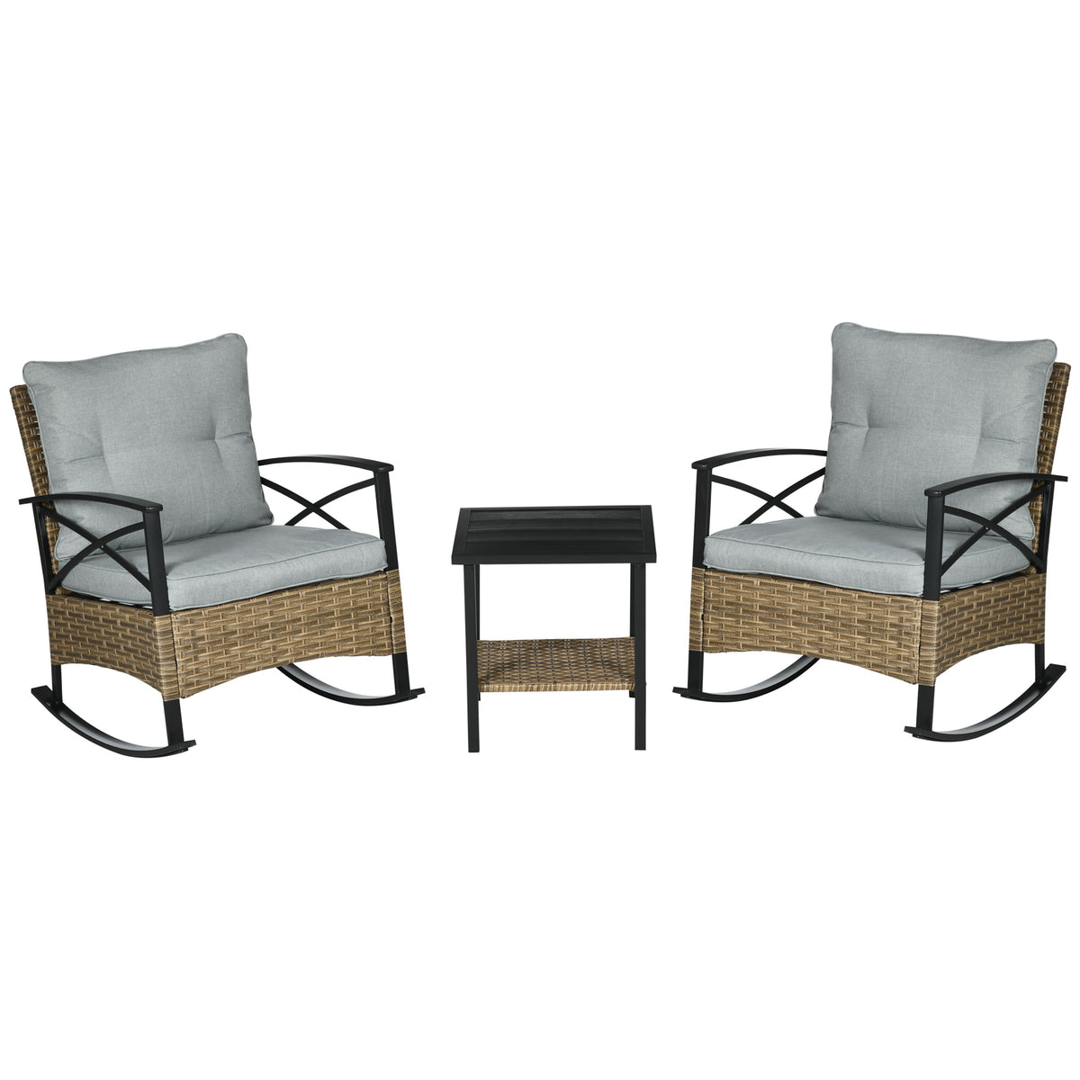 3 Piece Patio Rocking Chair Set, Outdoor Wicker Bistro Set with 2 Oversize Cushioned Porch Rockers and 2 Tier Coffee Table for Garden, Porch, Backyard, Light Gray