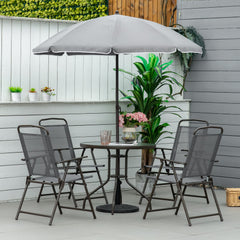 6 Piece Patio Dining Set for 4 with Umbrella, with 4 Folding Dining Chairs & Round Glass Table for Garden, Gray