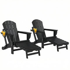Folding Adirondack Chair Set of 2, HDPE Fire Pit Chair with Retractable Ottoman and Cup Holder, Black