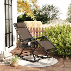 Outdoor Rocking Chairs, Foldable Reclining Zero Gravity Lounge Rocker with Pillow, Cup & Phone Holder, Combo Design with Folding Legs, Brown