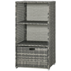 Valet Pool Towel Rack, Waterproof PE Plastic Rattan Wicker Storage Organizer, Indoor Outdoor Spa, and Hot Tub Accessory Storage, 2 Shelves, 1 Basket Drawer, Gray