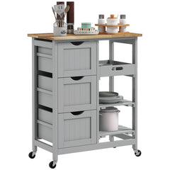 Rolling Kitchen Cart, Kitchen Island with Wood Top, Shelves & Drawers for Dining Area, Gray