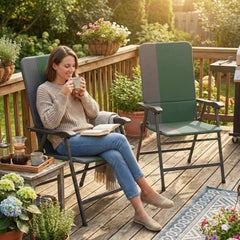 Folding Patio Chairs Set of 2, Padded High Back Lawn Camping Chairs with Armrests, 600D Oxford Fabric, Dark Green