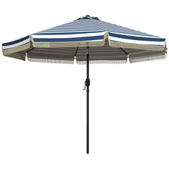 9ft Patio Umbrella Outdoor Table Umbrella w/ Tilt, Crank, Ruffled, 8 Ribs for Garden, Deck, Pool, Blue Stripe