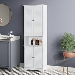 Tall Narrow Bathroom Storage Cabinet with Doors and Shelf Adjustability, Freestanding Linen Cabinet with 2 Cabinets and Countertop, White