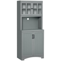 Storage Cabinet with Adjustable Shelves and Microwave Space, 70" Pantry Cabinet with Glass Framed Door, Gray
