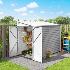 4.6' x 9' Outdoor Storage Shed, Lean to Metal Shed with Foundation Kit, Lockable Doors and Gloves for Patio, Lawn, White