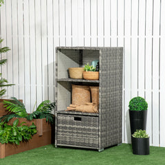 Valet Pool Towel Rack, Waterproof PE Plastic Rattan Wicker Storage Organizer, Indoor Outdoor Spa, and Hot Tub Accessory Storage, 2 Shelves, 1 Basket Drawer, Gray