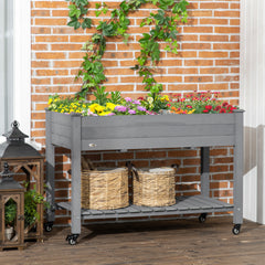 47" x 21" Raised Garden Bed Elevated Wooden Planter Box w/ Lockable Wheels, Storage Shelf for Backyard, Dark Gray