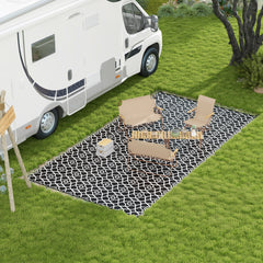 Reversible Outdoor Rug Carpet RV Camping Rugs with Carry Bag, 9' x 18', Black & White Clover