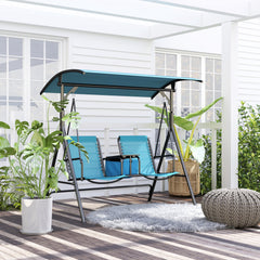 2 Person Porch Swing with Canopy, Storage Table, Cup Holder, Blue