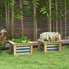 Raised Garden Beds Set of 2, Metal and Wood Combined Planter Box, for Growing Flowers, Herbs and Vegetables
