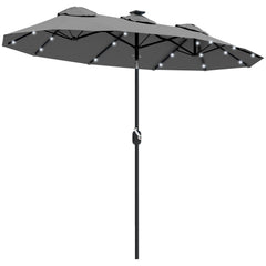 Double-sided Patio Umbrella, 9.7' Outdoor Umbrella with Tilt and Crank, LED Solar Light and 12 Ribs, Gray