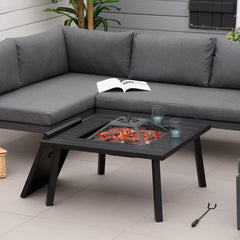 34" Fire Pit with Grill, Metal Outdoor Wood Burning Firepit with Spark Screen, Fire Poker, Cover, Table Lip, Black