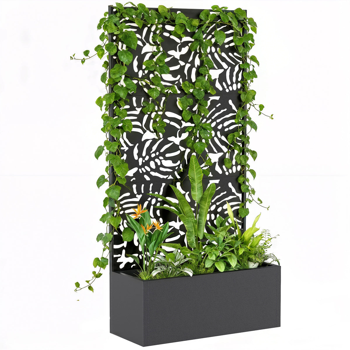 Metal Planter Box with Trellis, 71" Tall Raised Garden Bed with Privacy Screen and Drainage Holes, Banana-Leaf Cut-Outs