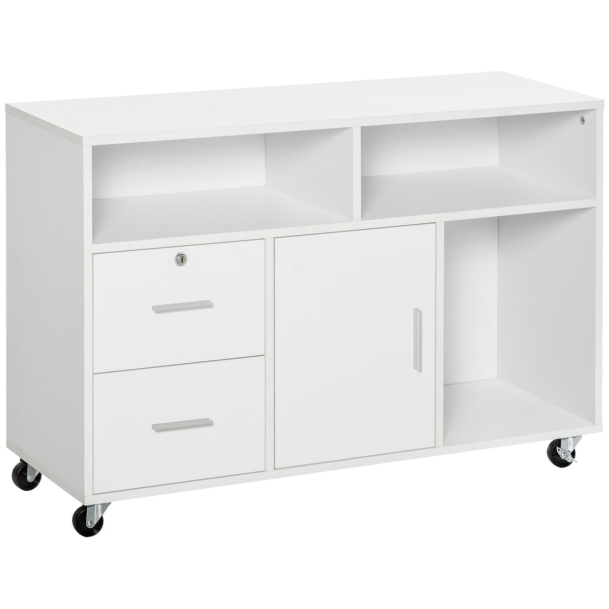 Printer Stand Home Office Mobile Storage Cabinet Organizer Desktop with Caster Wheels, 2 Locking Breaks and Drawer, White