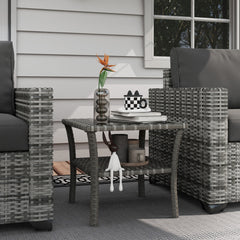 Rattan Side Table, Outdoor End Table with Storage Shelf, Aluminum Frame Square, Coffee Table with Tempered Glass Top, Mixed Gray