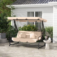 Free Standing Swing Bench, Porch Swing with Stand, Adjustable Canopy, Cushion and Pillows, Ecru