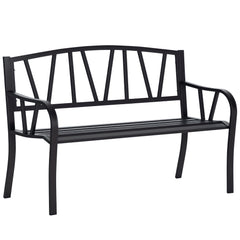 50" Outdoor Bench, Metal Garden Bench with V-Shaped Pattern Backrest, Porch Bench with Slatted Seat for Park, Yard, Lawn, Black