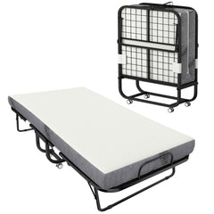 Folding Bed with Mattress for Adults, Single Size, Portable Foldable Bed with Memory Foam Mattress & Steel Frame, White