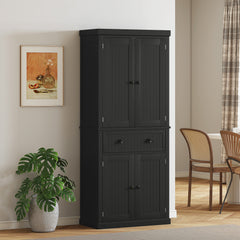 72" Kitchen Pantry Storage Cabinet, Cupboard with 4 Doors and 3 Adjustable Shelves, Large Central Drawer, Black