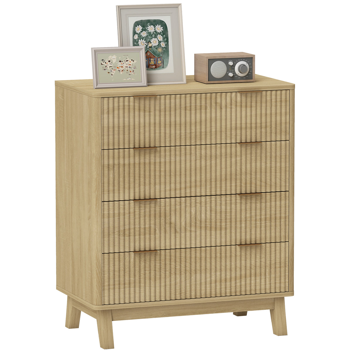 4 Drawer Double Dresser for Bedroom, Fluted Chest of Drawers with Gold Finger Pulls and 4 Wood Legs, Natural Wood