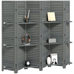 6 Panel 67" Tall Wood Privacy Screen Room Divider with 3 Shelves and Folding Storage for Bedroom, Gray