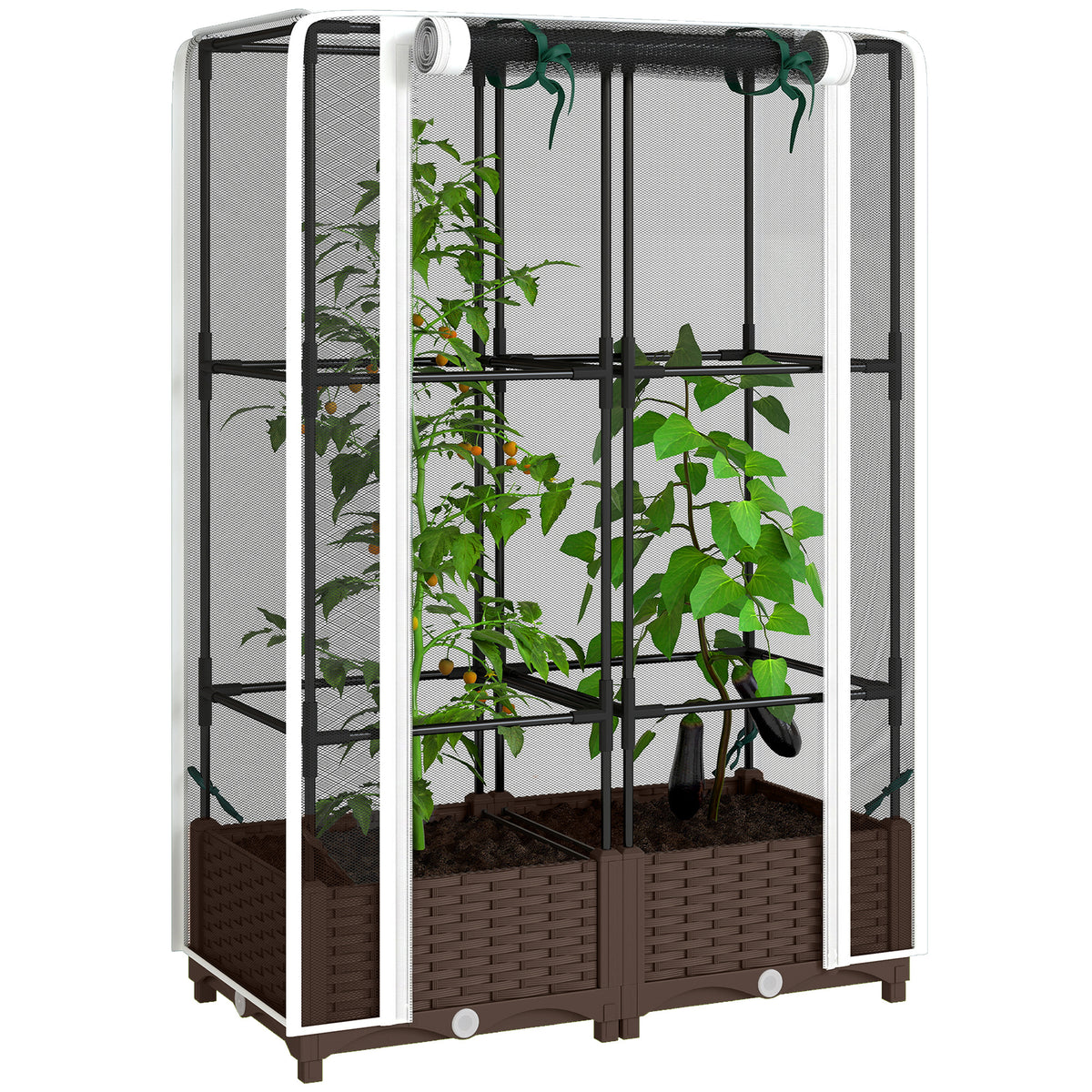 Raised Garden Bed with Trellis, 46.5" Tomato Cage with Crop Cage, Self Watering Planter Box with Drainage Holes, White