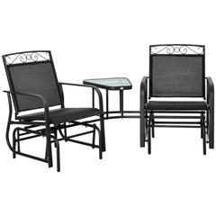 Outdoor Glider Chairs with Coffee Table, Patio 2-Seat Rocking Chair Swing with Breathable Sling for Backyard, Black