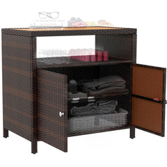 Outdoor Storage Cabinet with Acacia Wood Top, Two Doors, Shelf, Wicker Bar Table for Pool Towel Storage, Brown