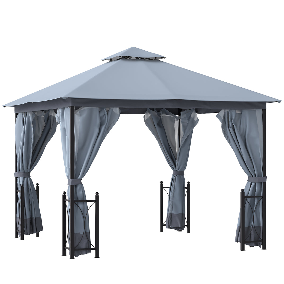 13' x 11' Patio Gazebo Canopy Garden Tent Sun Shade, Outdoor Shelter with 2 Tier Roof, Netting and Curtains, Steel Frame for Patio, Backyard, Garden, Grey